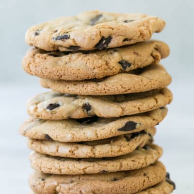 butter-less chocolate chip cookies stacked on top of each other