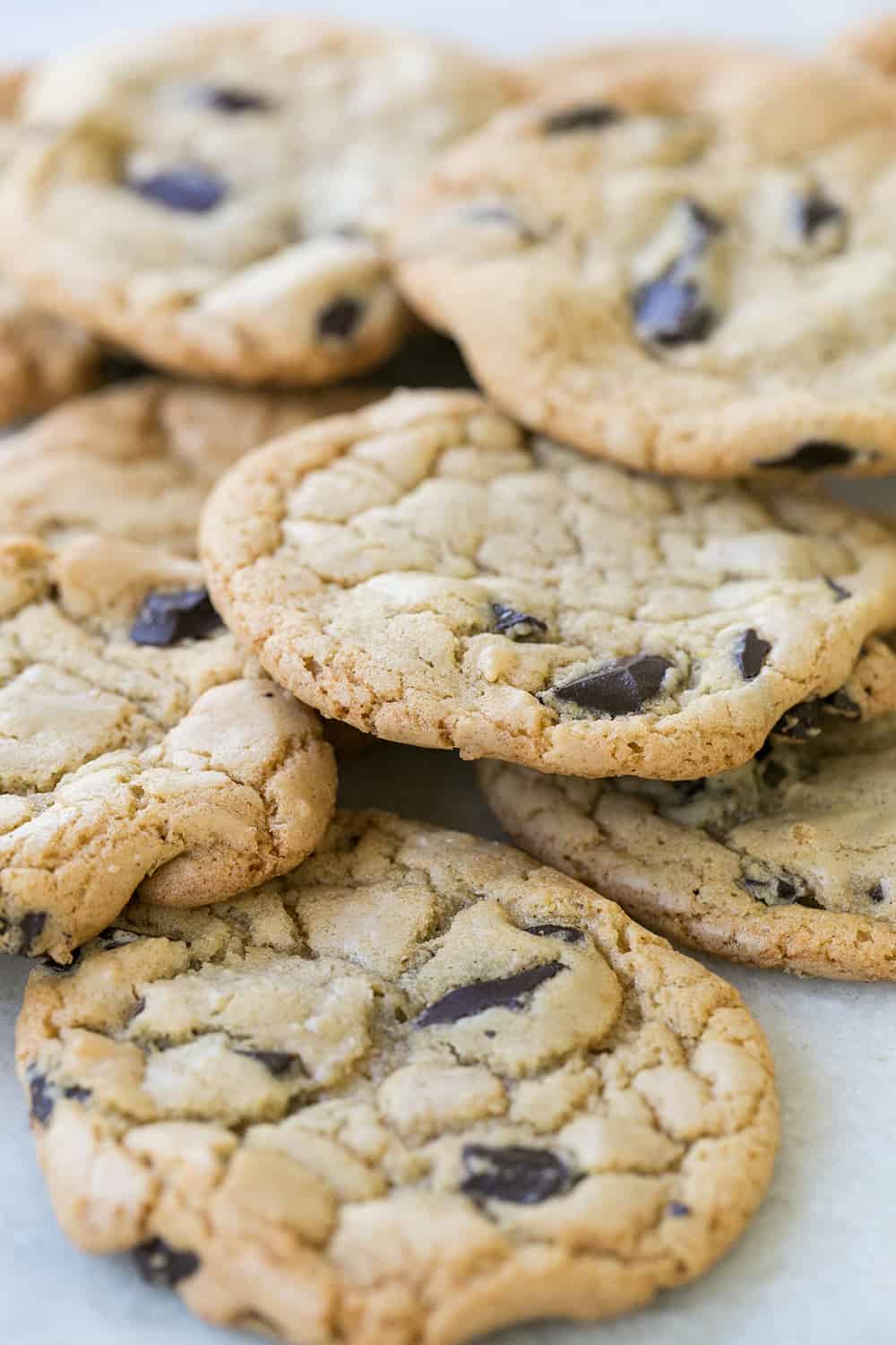 Close-up shot of butterless chocolate chip cookies.