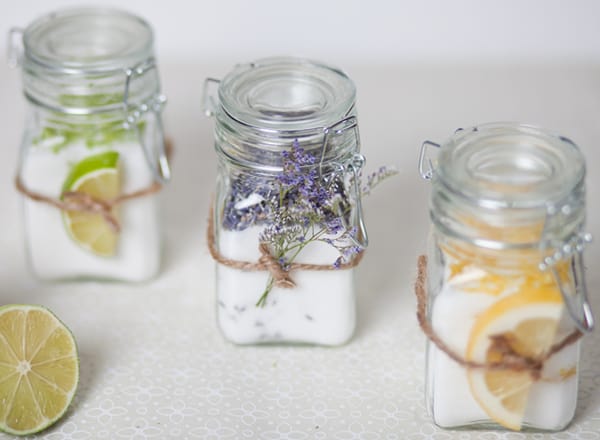 Three bottles of infused vanilla sugar with lavender. 