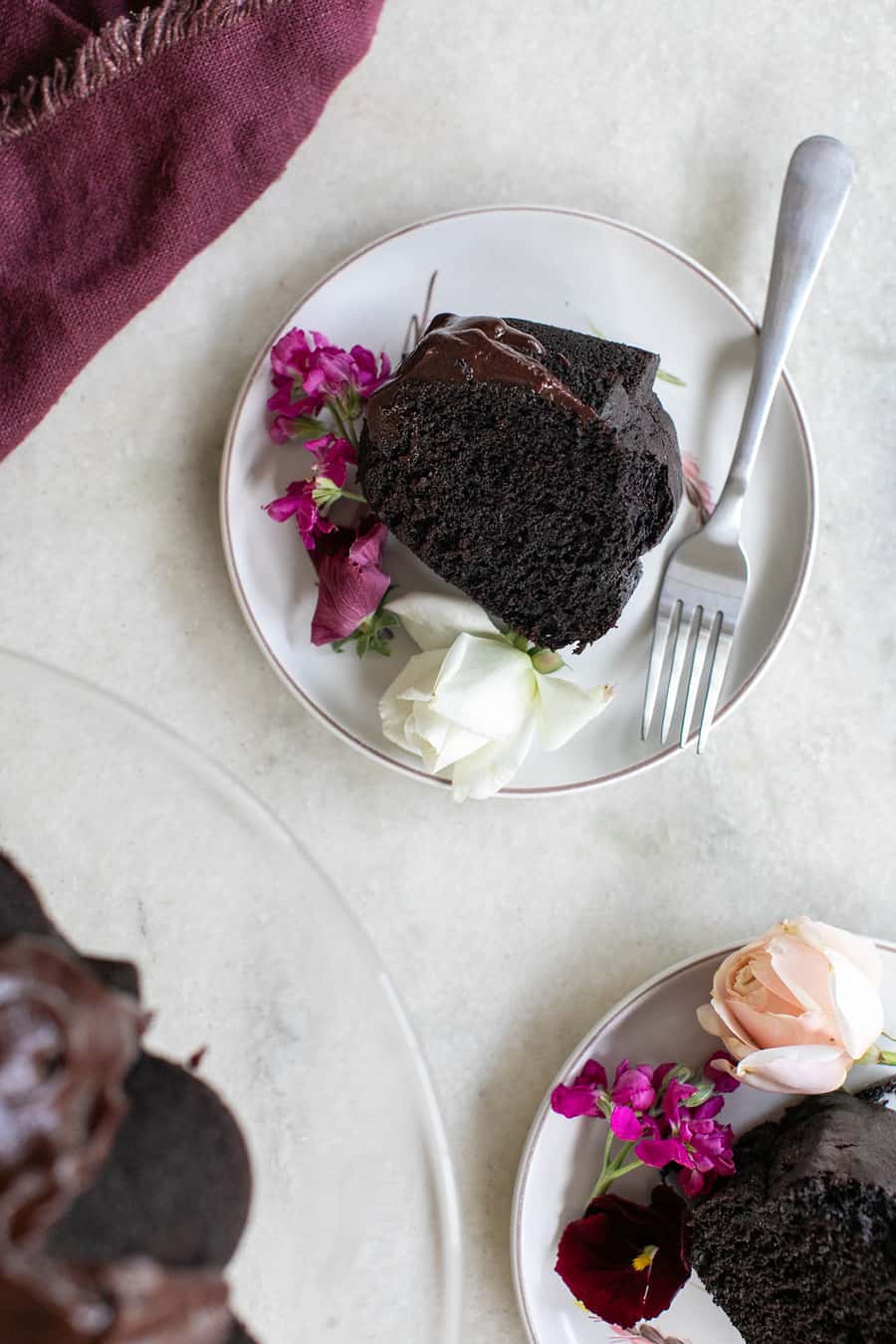 Slice of chocolate cake with chocolate ganache