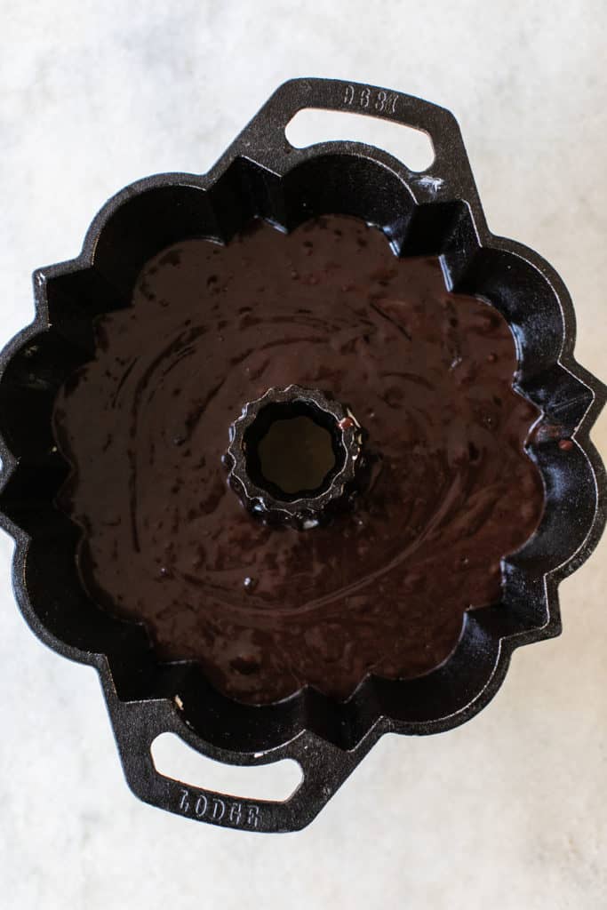 chocolate cake in a bundt pan