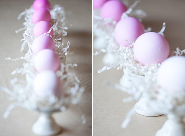 Ombre Easter eggs on mini cake stands. 