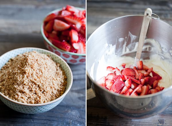 Two pictures of ingredients to make a strawberry icebox cake.