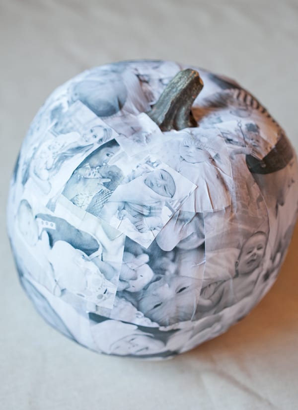 Beautiful decoupage pumpkin with baby pictures