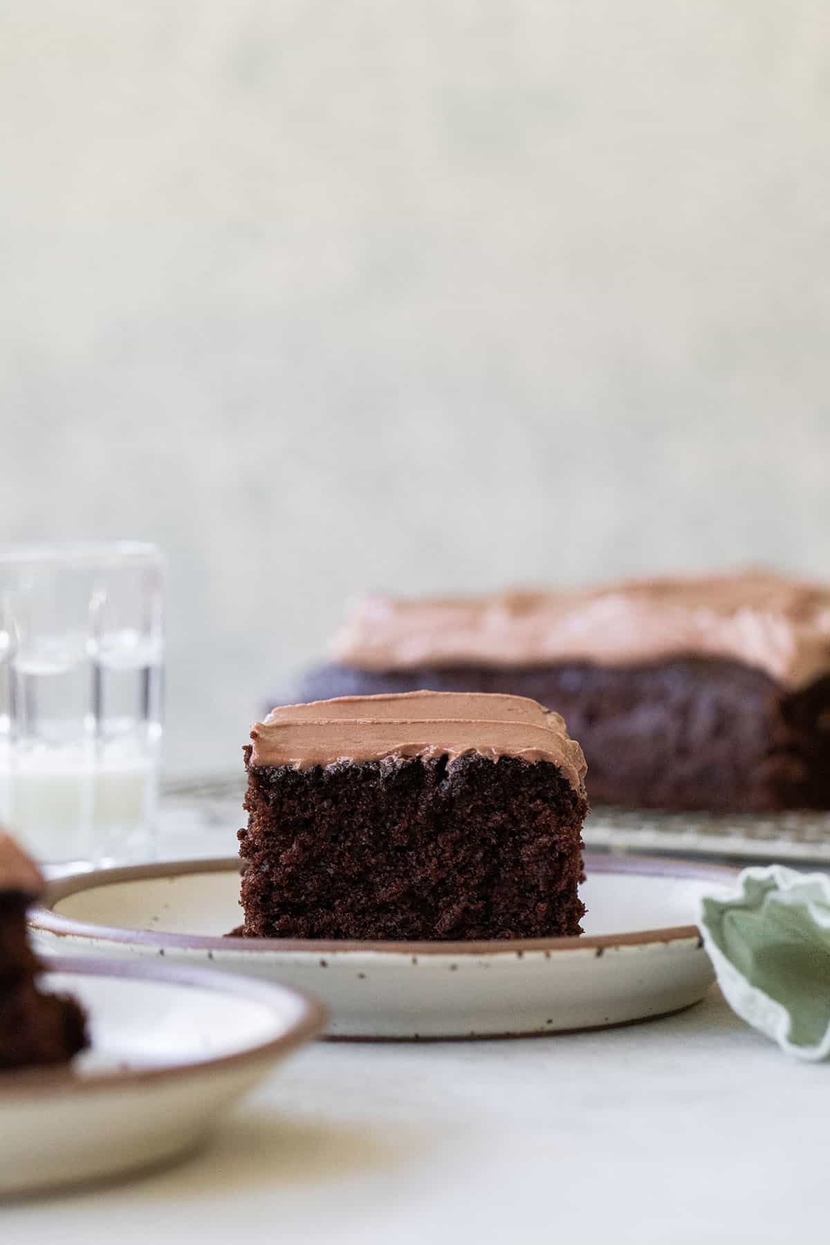 The perfect slice of homemade chocolate cake with chocolate frosting.