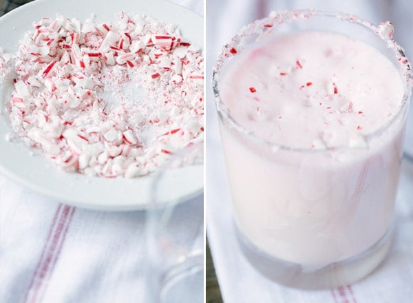Top down shot of Candy cane Christmas Punch in a glass