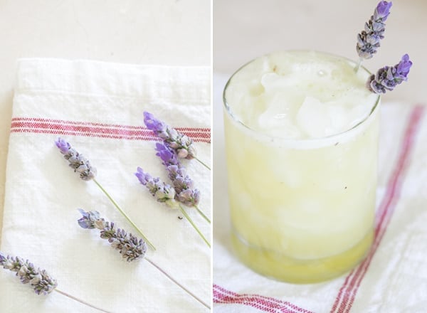 shot of lavender and a lavender pineapple juice drink