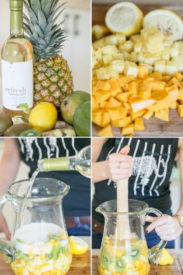 Four photos showing how to make a white wine sangria recipe. 