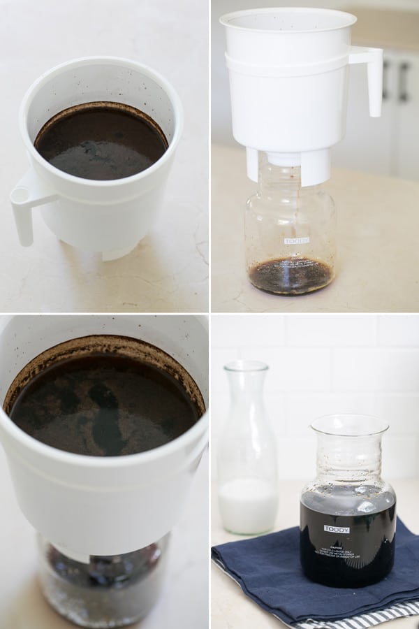Four pictures of the Toddy dripping coffee into the glass decanter.
