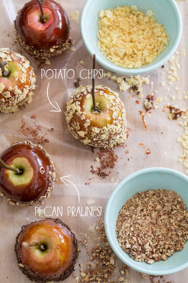 Caramel apples with potato chip toppings