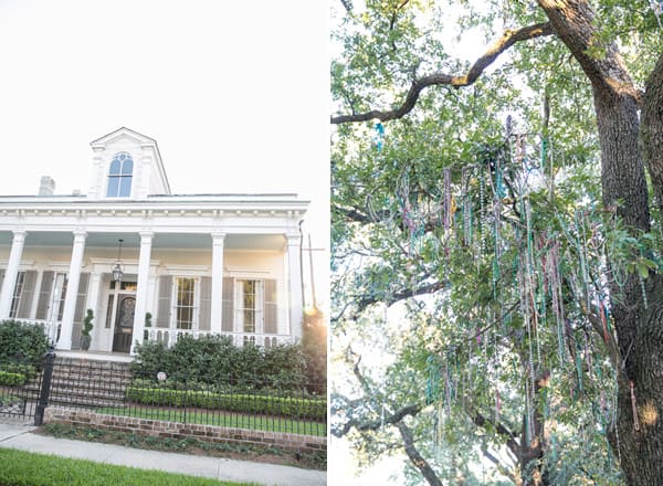 Beads in trees and a white house