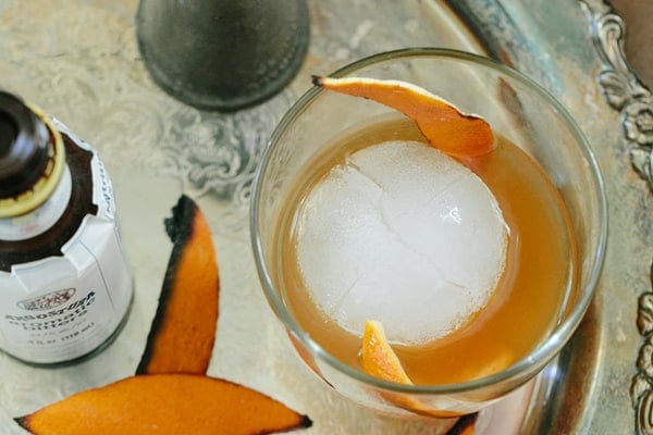 overhead shot of finished drink with ice