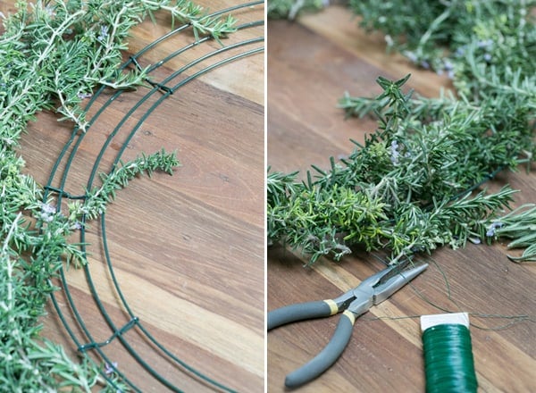 collage of pliers and rosemary being placed on wire frame - fresh rosemary wreath, rosemary wreaths, rosemary salt, how many sprigs, floral wire