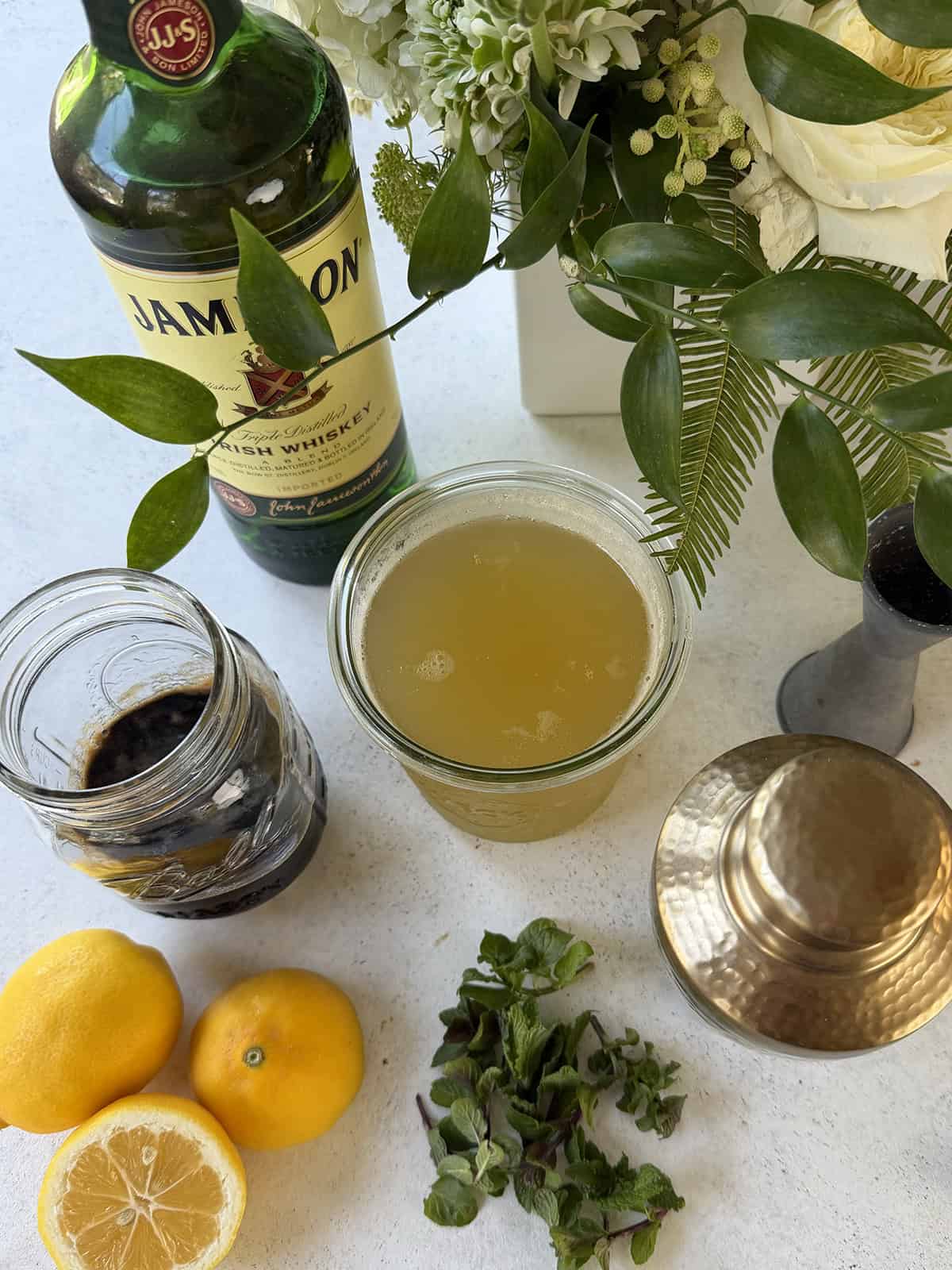 Ingredients to make an Irish Whiskey cocktail.