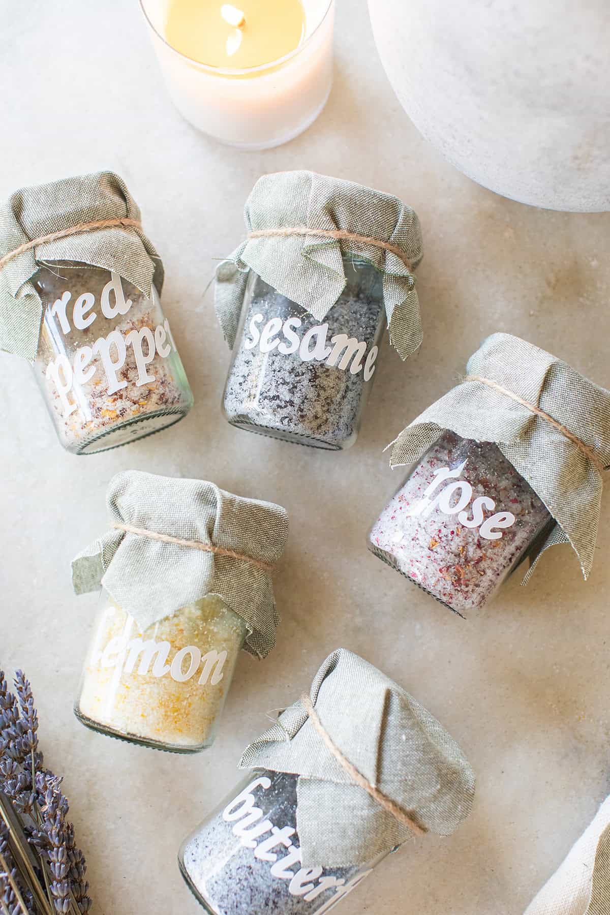 Flavored salt in jars with labels.