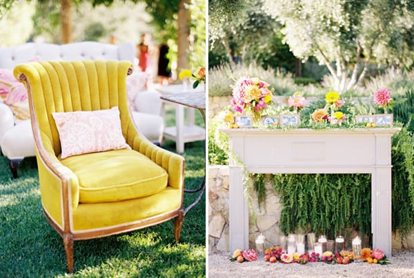 Yellow chair and faux outdoor fireplace with candles