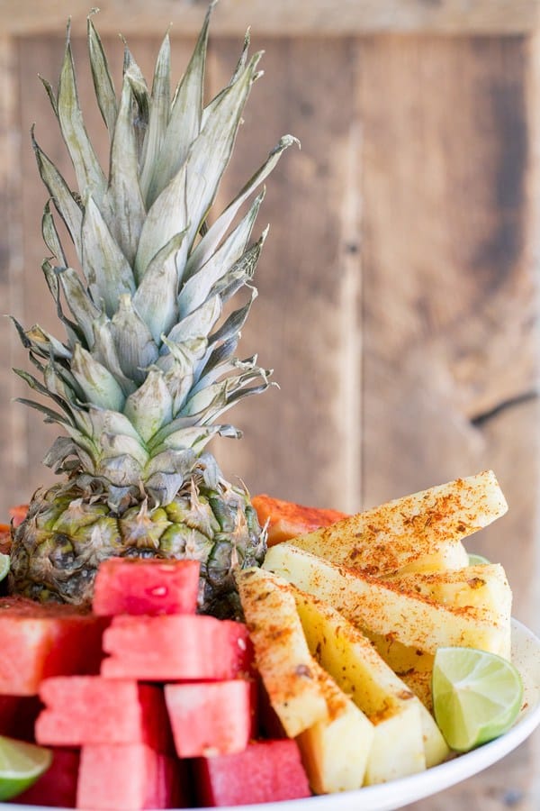 Pineapple and watermelon fruit platter with chili lime salt.