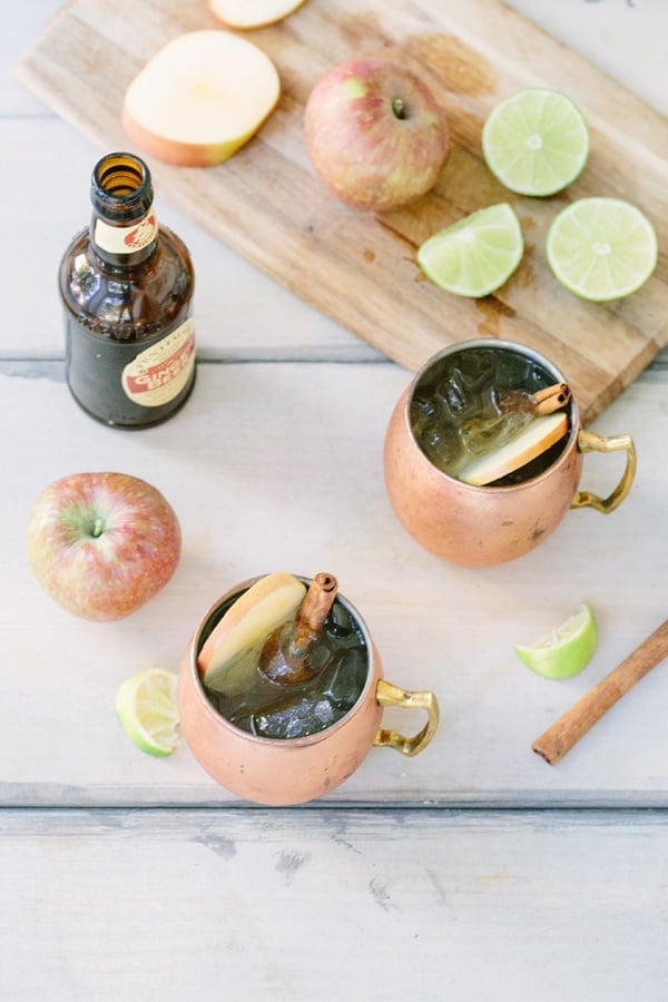 Top down shot of Moscow Mules on a work surface.