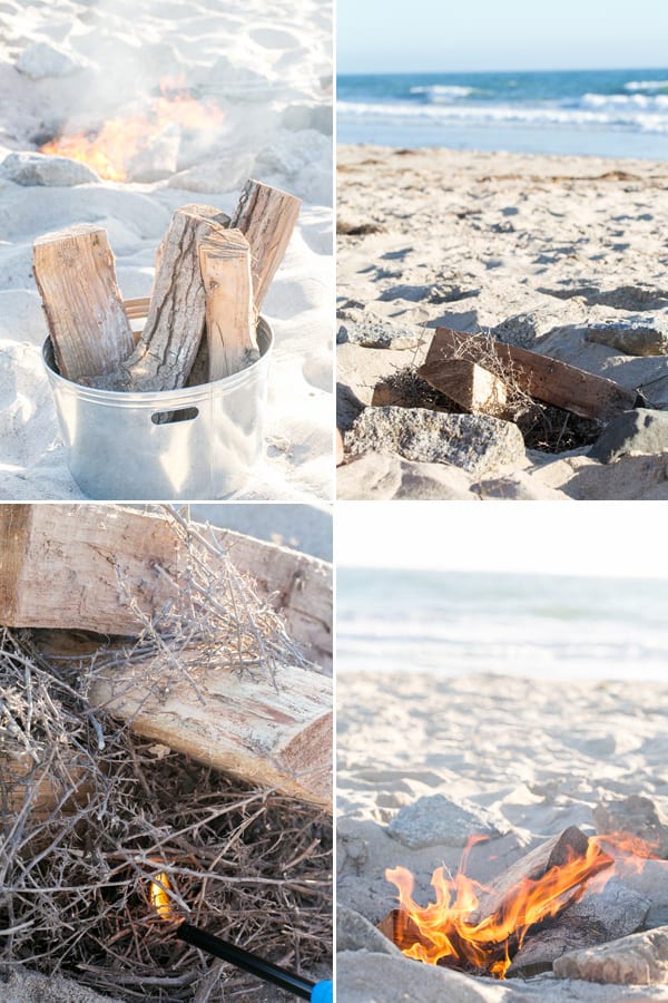 collage of how to make a beach bonfire