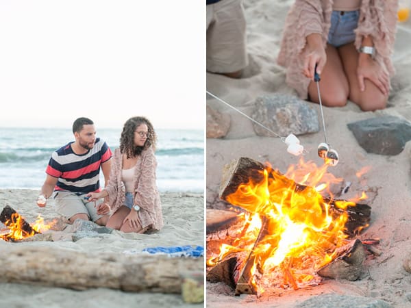 collage of a couple enjoying some marshmallows around the fire