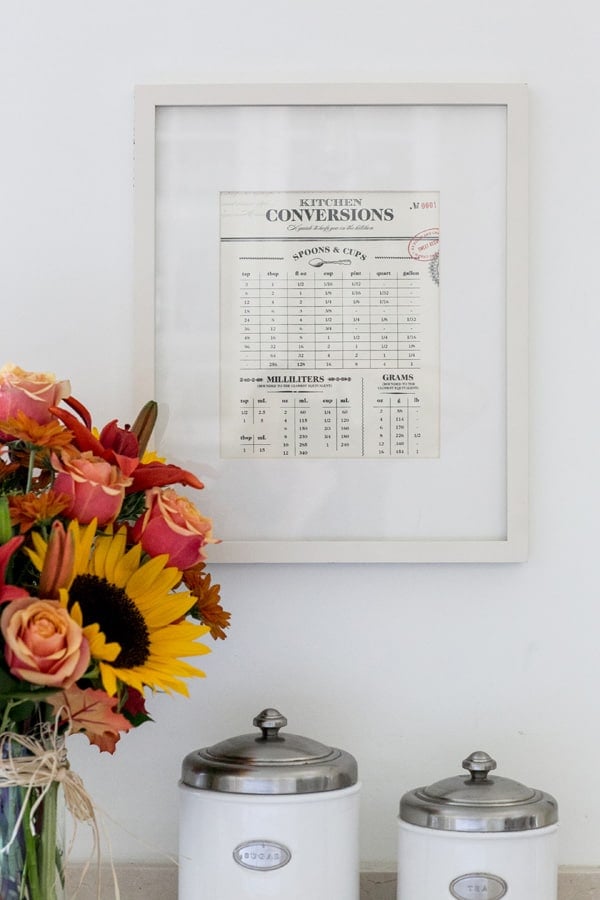 Kitchen conversions chart framed in white frame, with orange and pink flowers