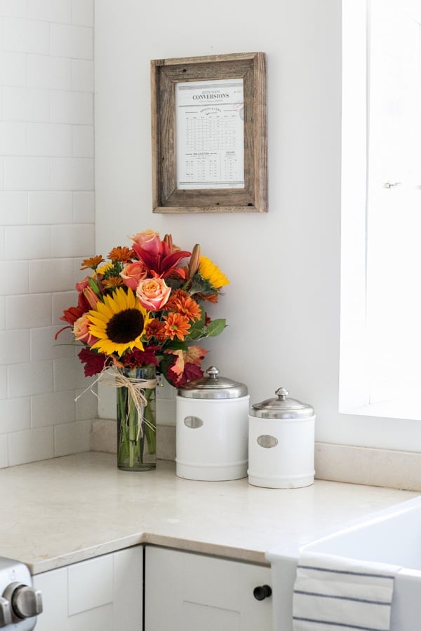 Kitchen conversion chart framed with flowers.