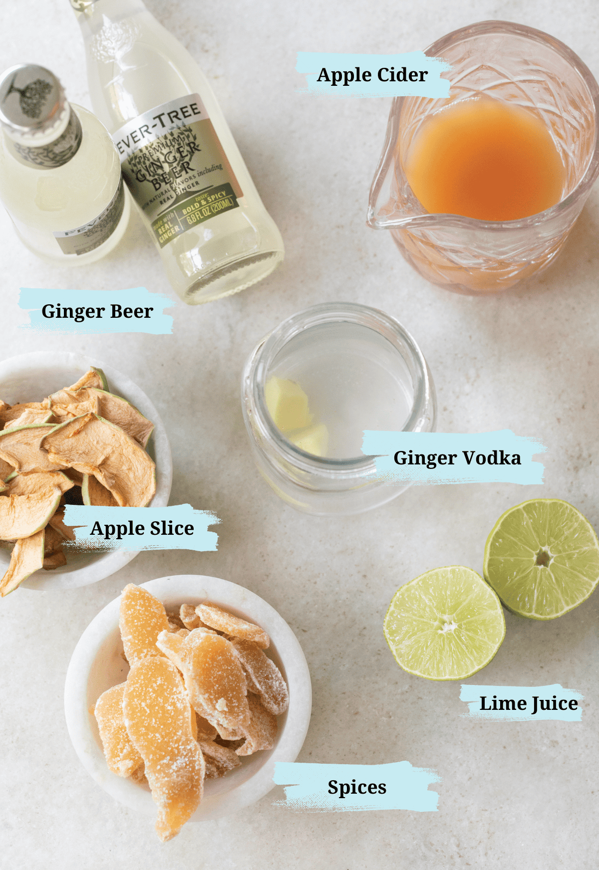 Ginger beer, apple cider, ginger vodka, lime juice and candied ginger to make an apple cider Moscow mule.