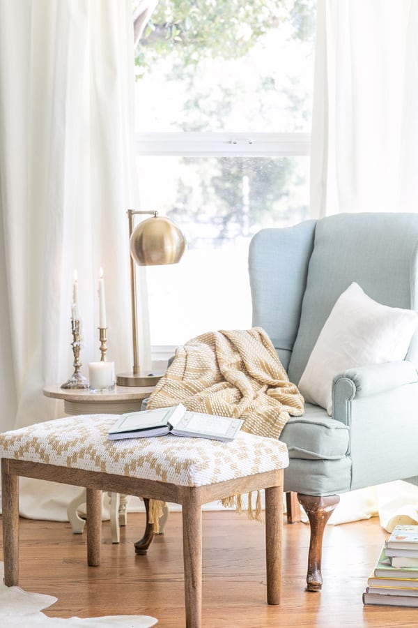 how to make a charming reading nook with a bench, chair and table. 