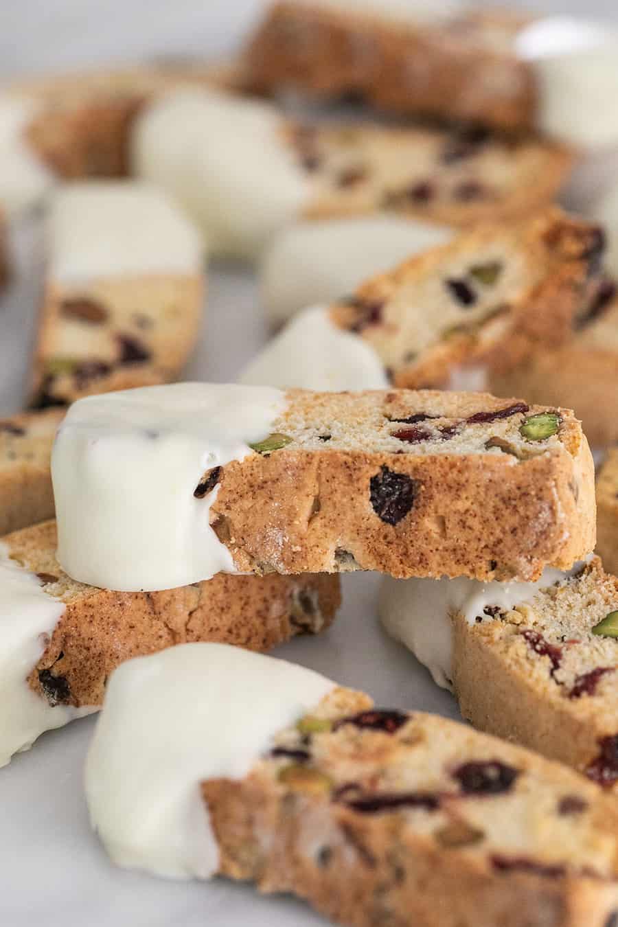 The best biscotti dipped in white chocolate.