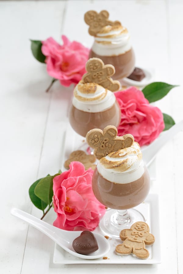 Chocolate parfait with homemade marshmallow fluff and a gingerbread cookie 