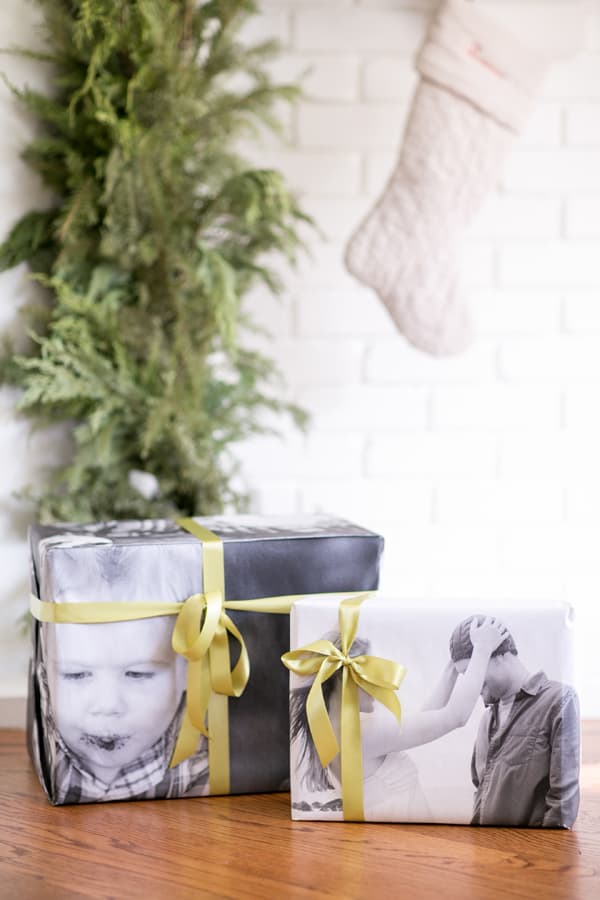 Two DIY photo print wrapping boxes with bows. 