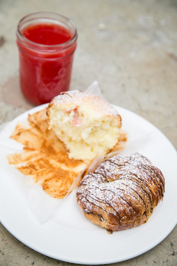 Croissant and muffin with juice 