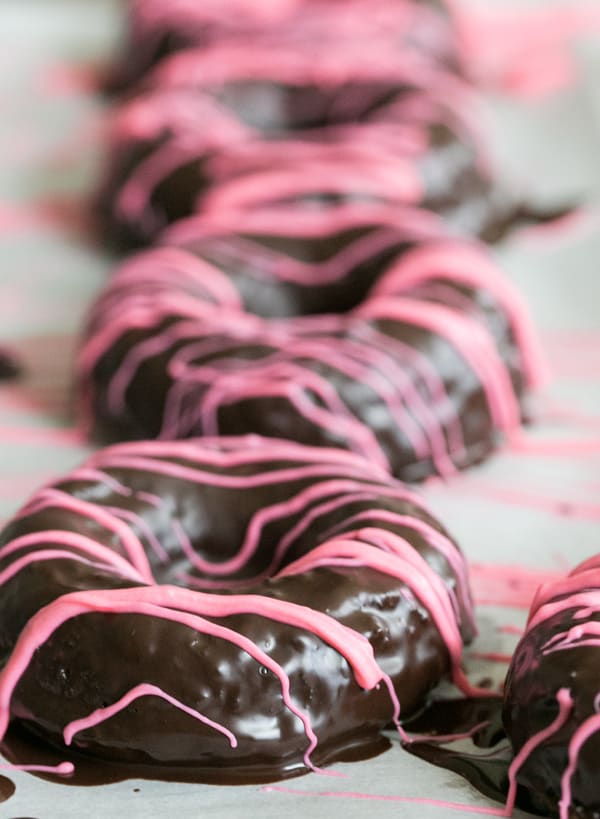 close up of pink chocolate drizzle