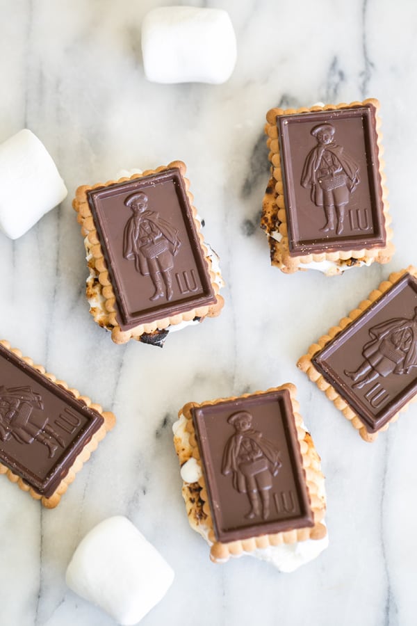 Baileys Irish Cream Smores on a table with chocolate cookies. 