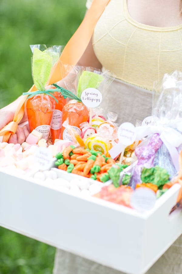 White box filled with colorful Easter candy. 