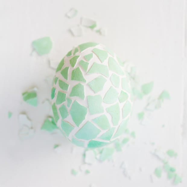 A green Mosaic Easter egg with cracked shells.