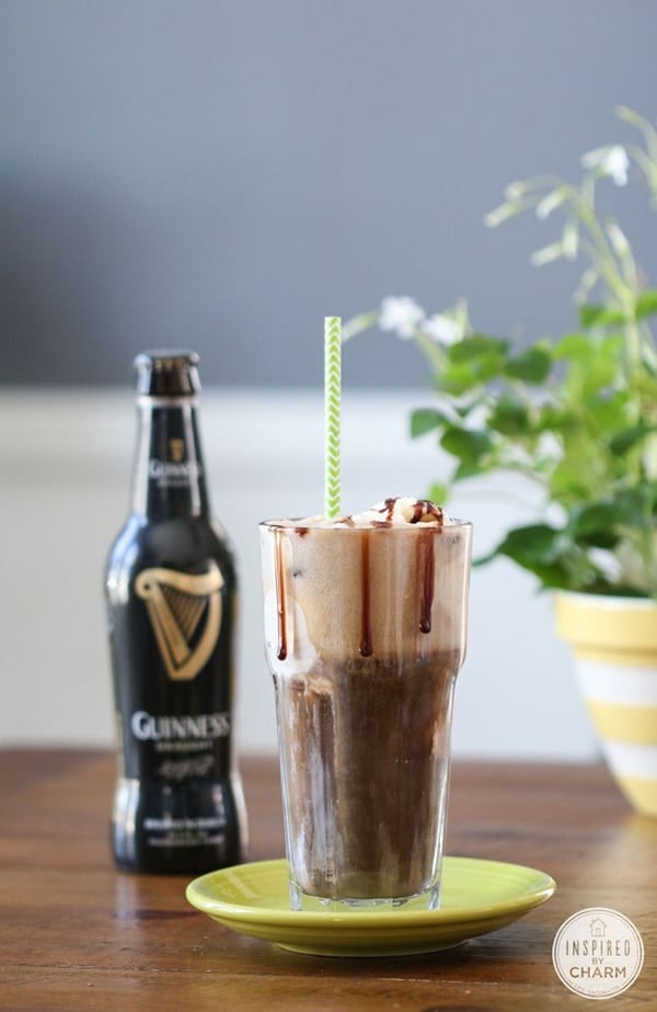 A Guinness float with chocolate syrup coming down the glass.