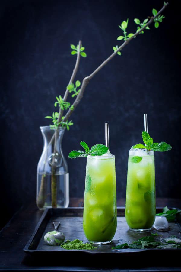 Matcha Mint Juleps in tall glasses with mint. 