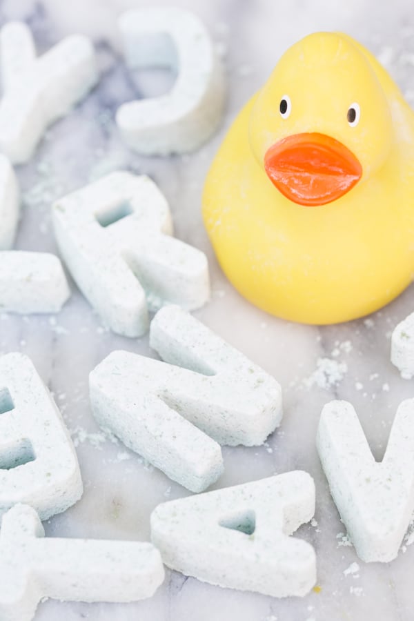 rubber duck and molded bath bomb letters 