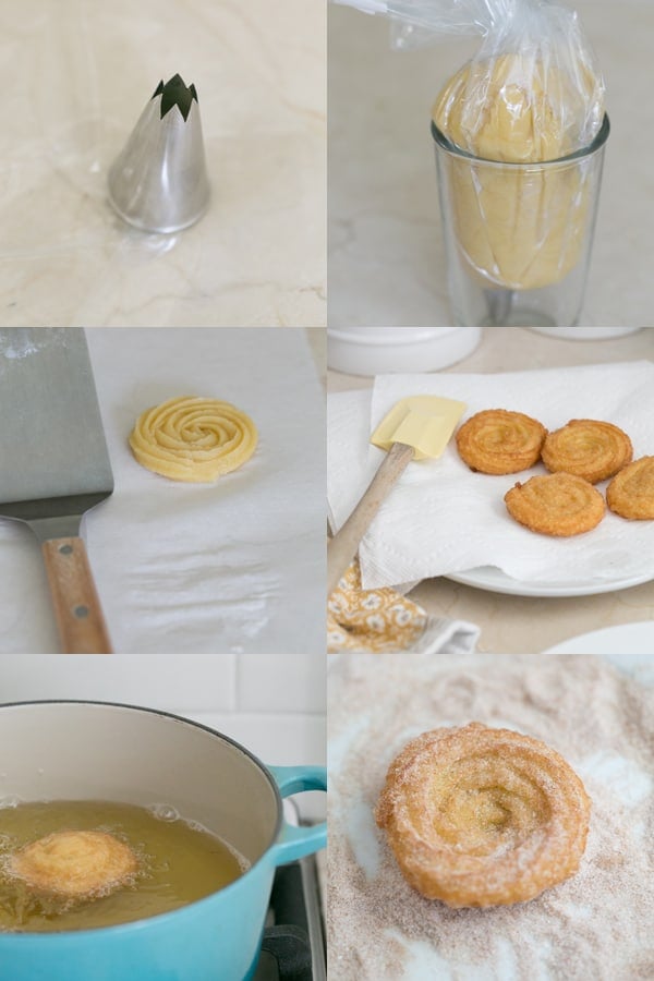 Pictures showing steps for making churros.