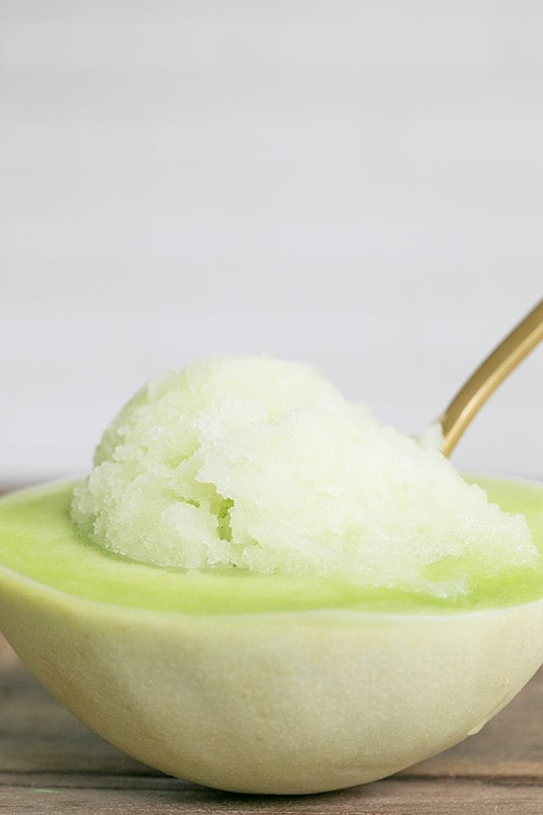 Honeydew sake sorbet recipe served in a honeydew 