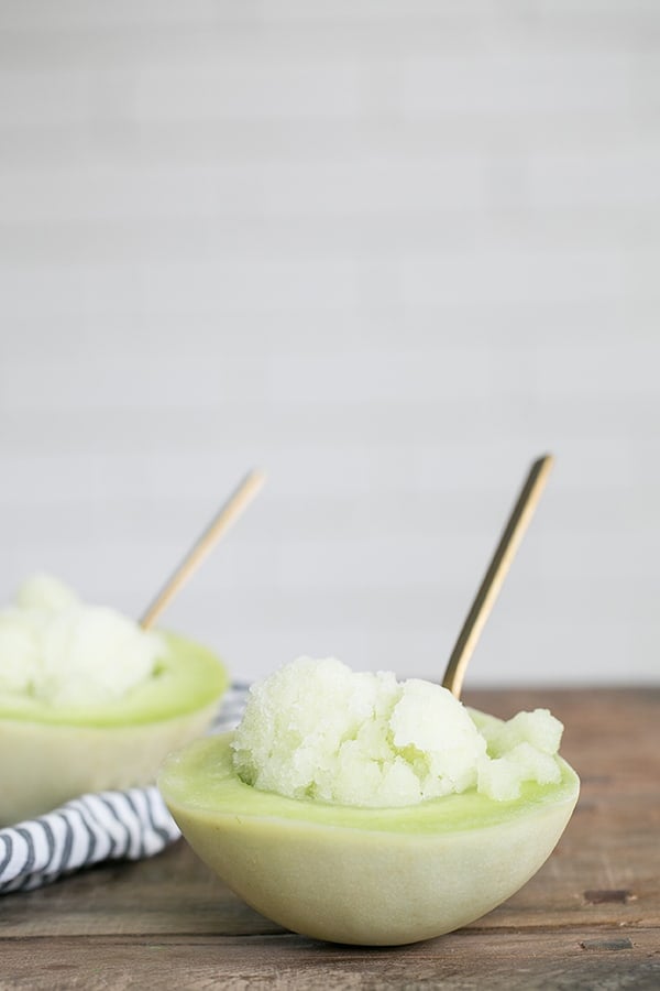 Honeydew Sake Sorbet in a honeydew as a bowl. 