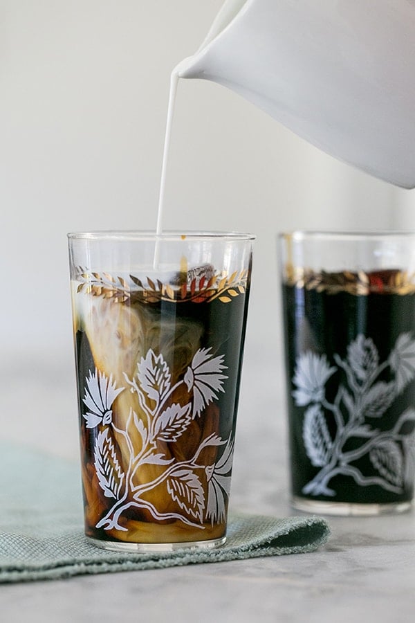 Side shot of glasses filled with the new orleans cold brew coffee recipe