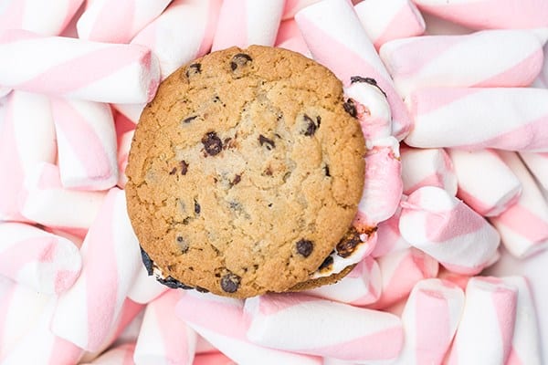 white and pink striped marshmallows with a chocolate chip cookie