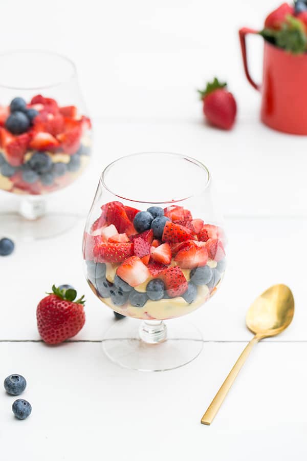 Zabaglione in a glass layered with fruit and custard.