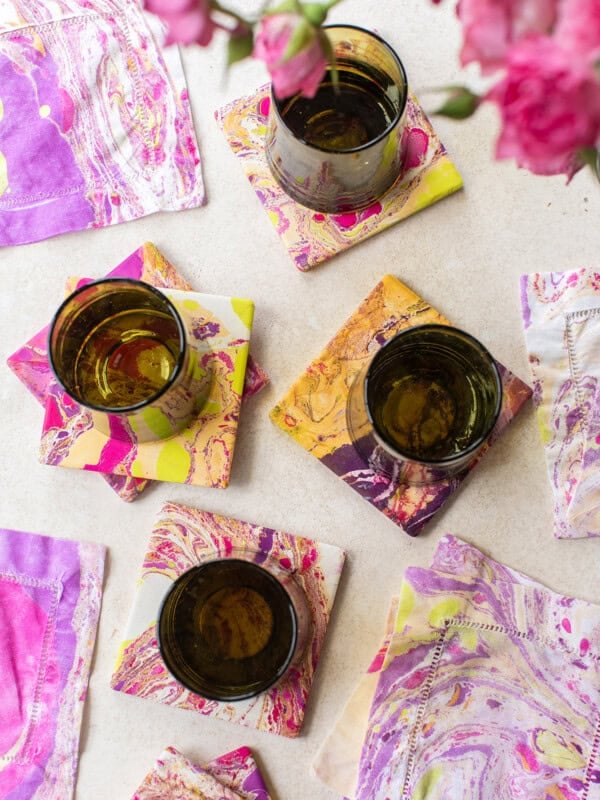 Marbled coasters and cocktail napkins.