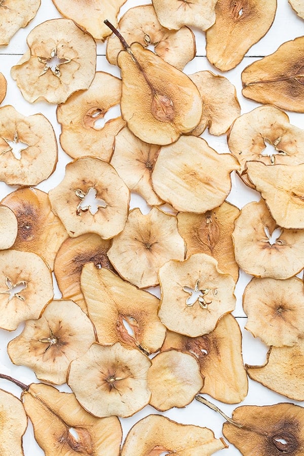 pear and apple chips on a table