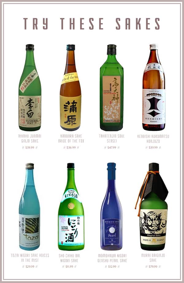 Different sake bottles in a graphic 
