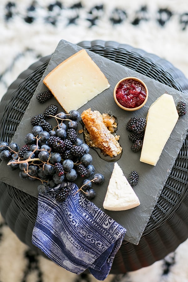 top down shot of cheese board on the halloween bar