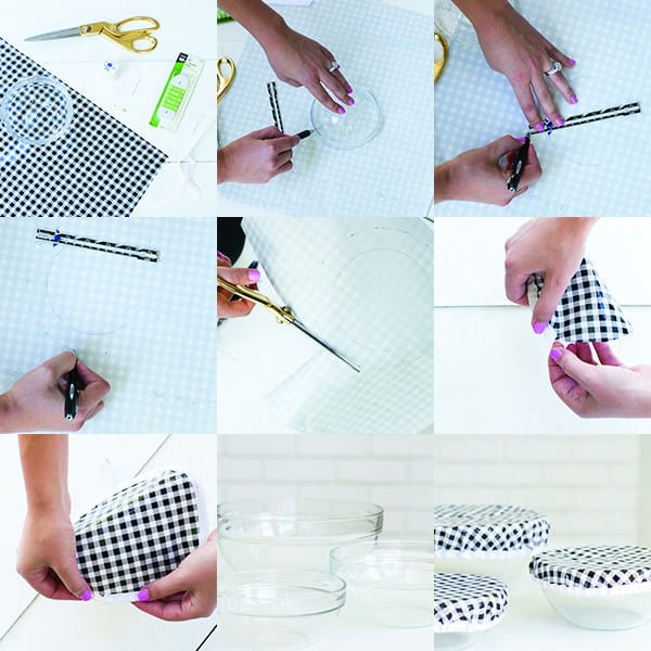 Grid of photos for directions for oil cloth bowl covers.